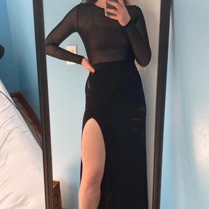 black mesh long sleeve slit dress